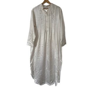 VTG Miss Elaine Floral Embroidered White Satin Long Nightgown Housecoat - M
